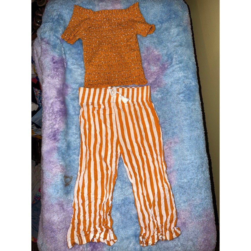 Carters Kid Girls Orange Smocked Floral Top and Striped Ruffle Pants Set 6X